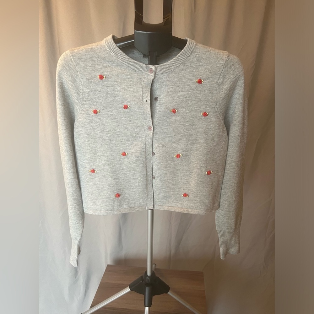 Gray Cardigan Sweater with Red Accents